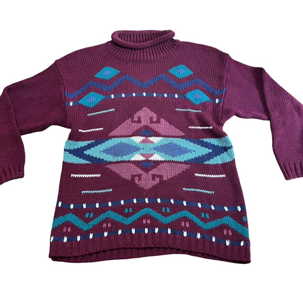 Vintage‎ 90s Plum Geometric Southwestern Turtleneck Sweater Pullover Purple/Teal